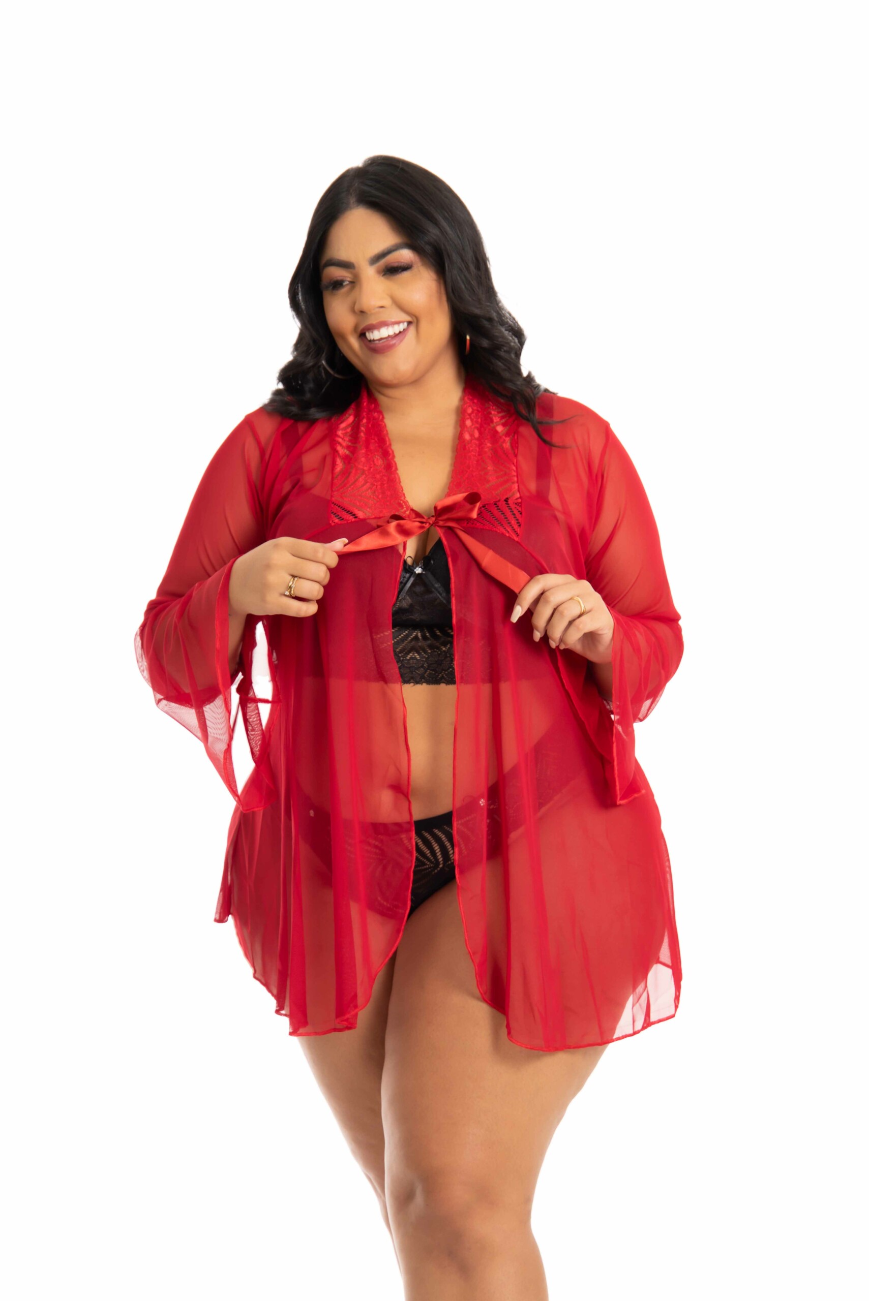 Kit Robe De Tule Conjunto Lingerie Sexy Plus Size Vermelho - Compre Agora