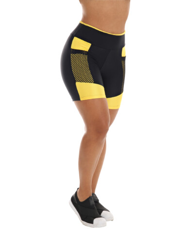 Short Fitness preto com bolso amarelo