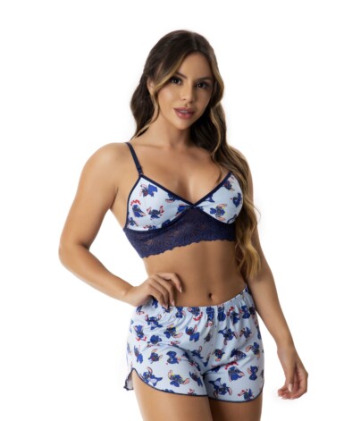 Short Doll Estampado Top com Renda